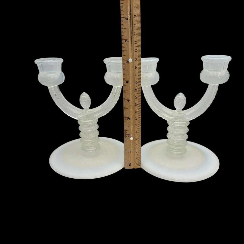 Pair Fenton French Opalescent Pineapple Double Candelabras Ribbed Stunning VTG